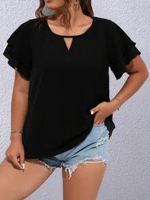 SHEIN Franclia 大碼鎖眼領蝴蝶袖襯衫 - 黑色 - 查看 4