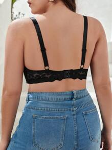 Plus Floral Lace Scallop Trim Underwire Bra, Lingerie - Black - View 2