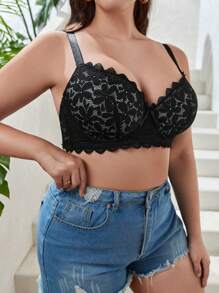 Plus Floral Lace Scallop Trim Underwire Bra, Lingerie - Black - View 3