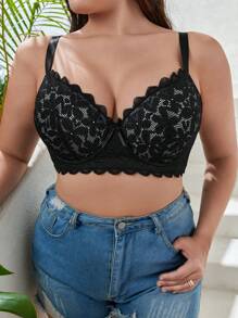 Plus Floral Lace Scallop Trim Underwire Bra, Lingerie - Black - View 4