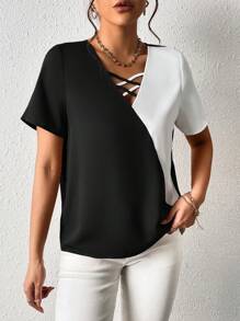 SHEIN LUNE Two Tone Crisscross Front Blouse - Black and White - View 3