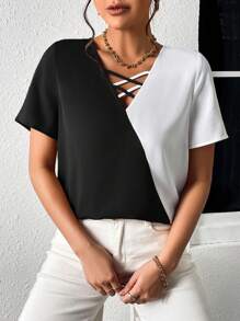 SHEIN LUNE Two Tone Crisscross Front Blouse - Black and White - View 4