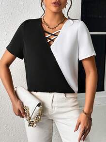 SHEIN LUNE Two Tone Crisscross Front Blouse - Black and White - View 5