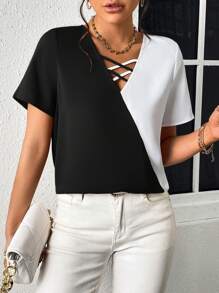 SHEIN LUNE Two Tone Crisscross Front Blouse - Black and White - View 6