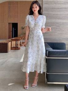 DAZY Ditsy Floral Print Ruched Bust Ruffle Hem Dress Sundress