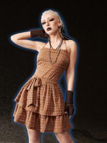 ROMWE Grunge Punk Argyle Pattern Belted Halter Dress - Brown - View 1