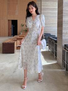 DAZY Ditsy Floral Print Ruched Bust Ruffle Hem Dress Sundress