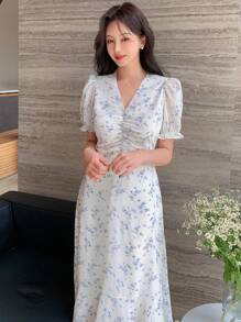 DAZY Ditsy Floral Print Ruched Bust Ruffle Hem Dress Sundress