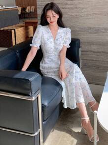 DAZY Ditsy Floral Print Ruched Bust Ruffle Hem Dress Sundress
