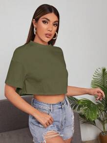 SHEIN EZwear 落肩袖素色短款T恤 - 軍綠色 - 查看 4