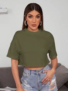 SHEIN EZwear 落肩袖素色短款T恤 - 軍綠色 - 查看 5