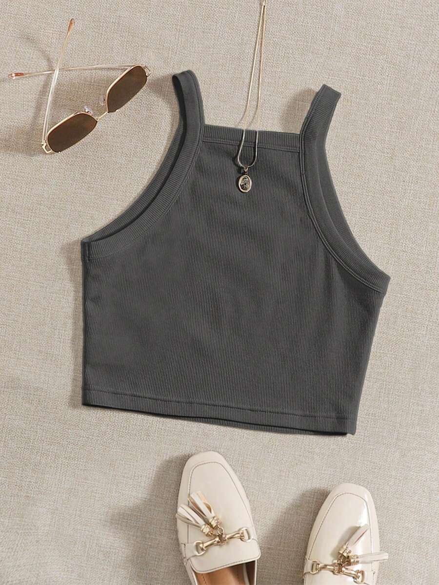SHEIN EZwear 純色針織女士簡約上衣,適合日常或度假穿著 - 深灰色 - 查看 1