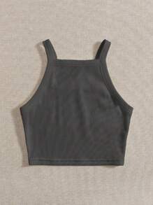 SHEIN EZwear 純色針織女士簡約上衣,適合日常或度假穿著 - 深灰色 - 查看 2