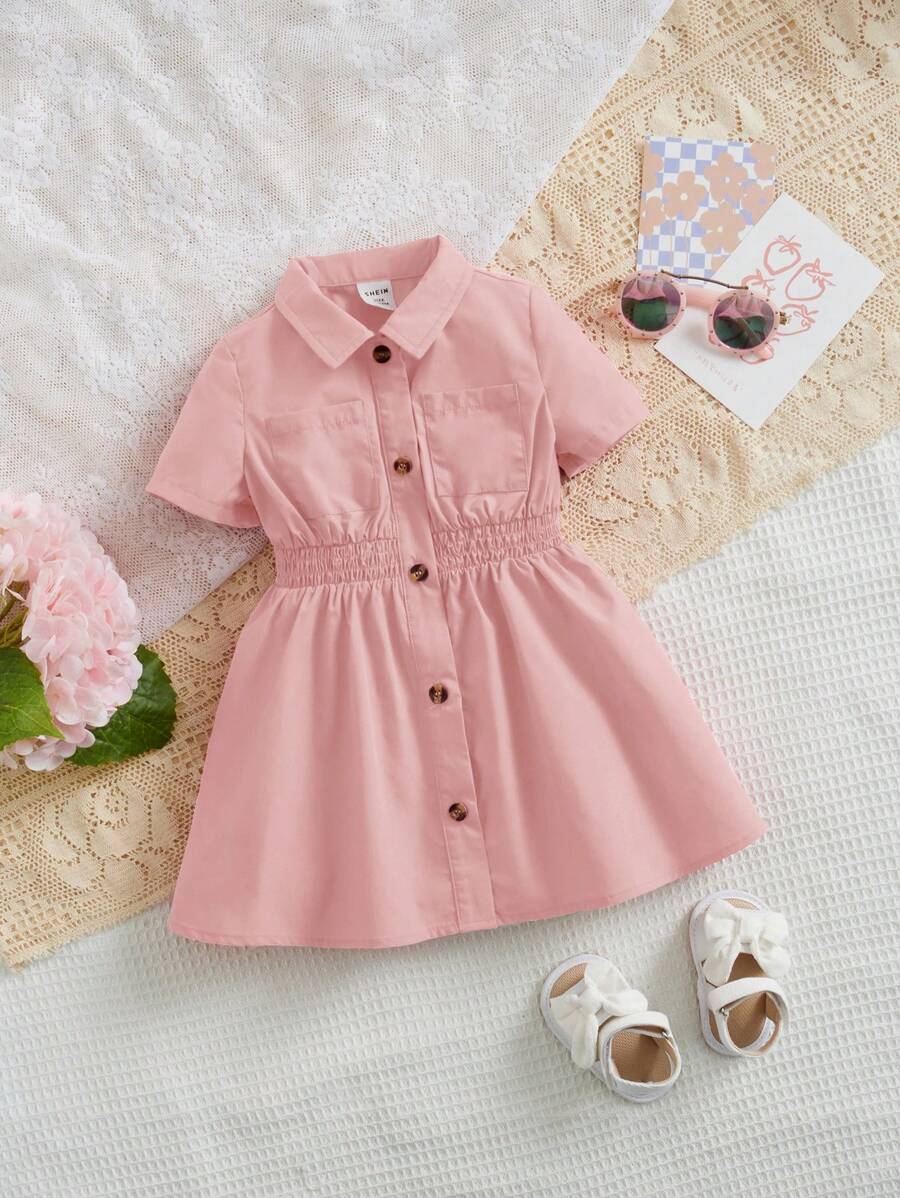 SHEIN 嬰兒雙口袋襯衫洋裝 - 淺粉色 - 查看 1