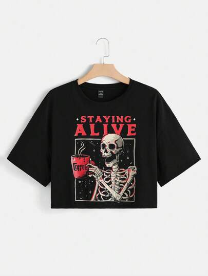 Eduely Camiseta corta de hombro caído con gráfico de calavera y letra, ideal para verano, de algodón, para vacaciones, festival, Ibiza