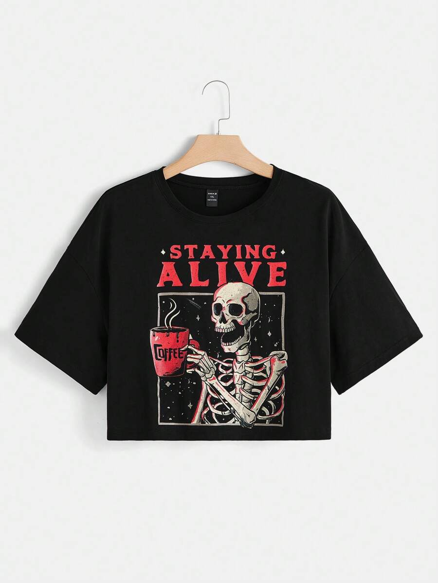 Eduely Artist Dark Plus Skull & Letter Graphic Drop Shoulder Crop Tee, For Summer, Cotton, Holiday, Vacation, Festival, Ibiza Fits - Black - View 1