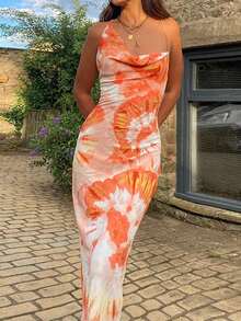 紮染垂領露背交叉吊帶洋裝 - 橘色 - 查看 6