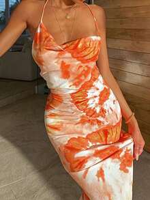 紮染垂領露背交叉吊帶洋裝 - 橘色 - 查看 9