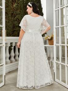 大碼蝴蝶袖蕾絲婚紗洋裝 - 白色 - 查看 2