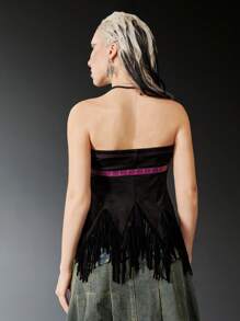 ROMWE Grunge Punk Top bandeau bajo con fleco con cordón delantero - Negro - Ver 2