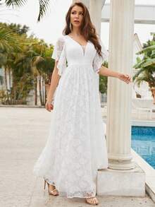 蝴蝶袖蕾絲A字型婚紗洋裝