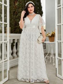 大碼蝴蝶袖蕾絲婚紗洋裝 - 白色 - 查看 3
