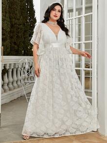 大碼蝴蝶袖蕾絲婚紗洋裝 - 白色 - 查看 6