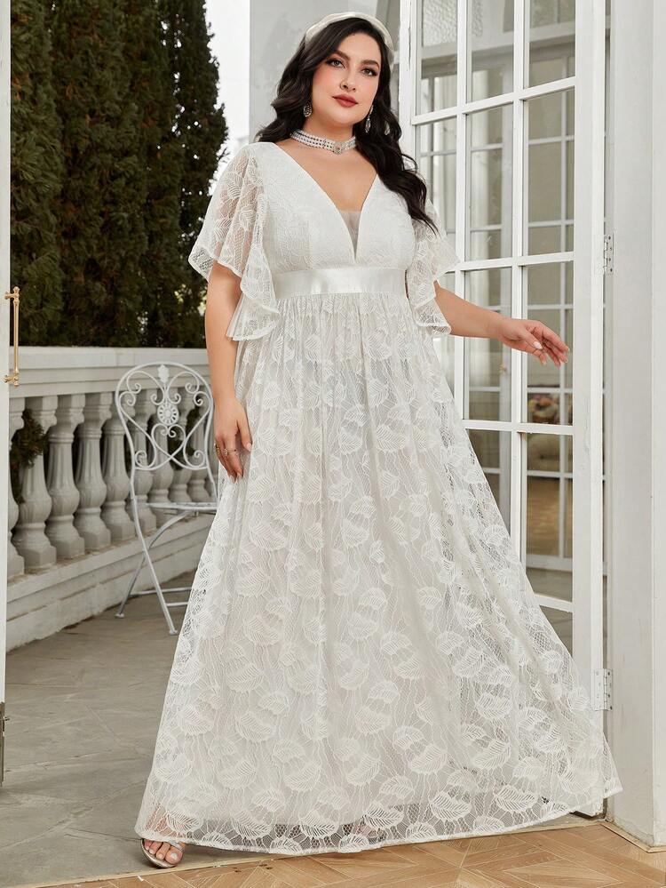 大碼蝴蝶袖蕾絲婚紗洋裝 - 白色 - 查看 6