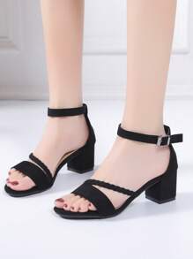 女士优雅黑色绒面革 6 厘米粗跟性感露趾绑带凉鞋