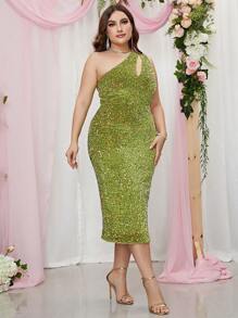 Plus One Shoulder Cut Out Sequin Bodycon Dress - Lime Green - View 1