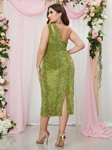 Plus One Shoulder Cut Out Sequin Bodycon Dress - Lime Green - View 2