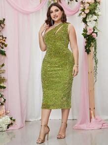 Plus One Shoulder Cut Out Sequin Bodycon Dress - Lime Green - View 3