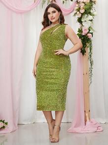 Plus One Shoulder Cut Out Sequin Bodycon Dress - Lime Green - View 6