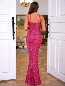 LOVE&LEMONADE Vestido de vestir bajo sirena con lentejuelas - Rosa Fucsia - Ver 2