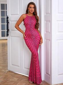 LOVE&LEMONADE Vestido de vestir bajo sirena con lentejuelas - Rosa Fucsia - Ver 6