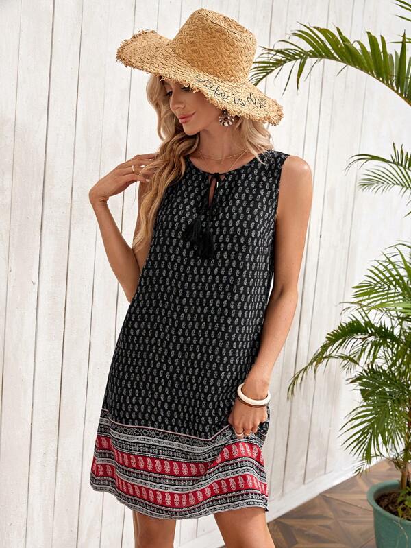 EMERY ROSE Women's Casual Paisley Print Fringe Tie-Up Sleeveless Mini Dress, Suitable For Summer Vacation
