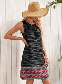 EMERY ROSE Women's Casual Paisley Print Fringe Tie-Up Sleeveless Mini Dress, Suitable For Summer Vacation - Multicolor - View 4