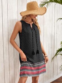 EMERY ROSE Women's Casual Paisley Print Fringe Tie-Up Sleeveless Mini Dress, Suitable For Summer Vacation - Multicolor - View 6