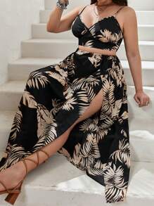SHEIN VCAY Top de tirantes con estampado tropical y falda de verano con abertura lateral - Negro - Ver 3