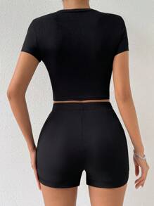 SHEIN ChicEase Bộ đồ hai mảnh nữ màu trơn Giải trí - màu đen - Xem 2
