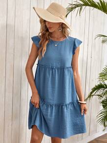 EMERY ROSE Women Round Neck Ruched Minimalist Short Dress, Casual Holiday Wear