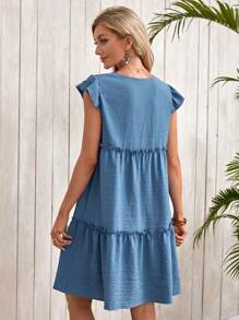 EMERY ROSE Women Round Neck Ruched Minimalist Short Dress, Casual Holiday Wear