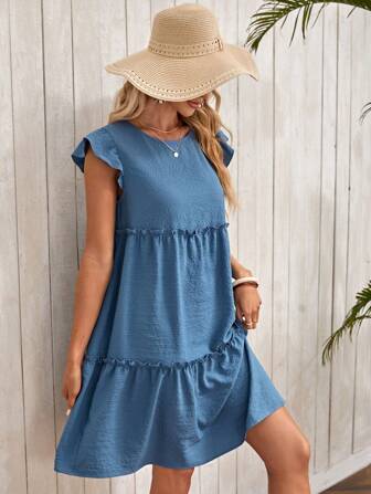 EMERY ROSE Damen Kleid mit gerafftem rundem Ausschnitt in Minimalstil, kurzes Kleid für den Lässig Urlaub