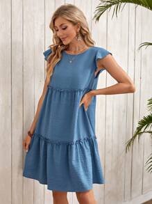 EMERY ROSE Women Round Neck Ruched Minimalist Short Dress, Casual Holiday Wear