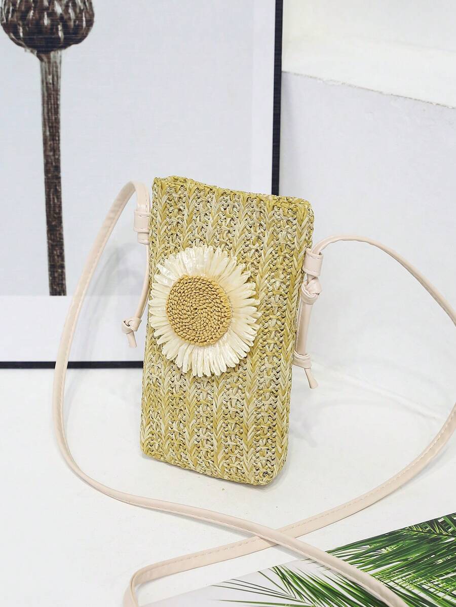 Mini Straw Bag Khaki Flower Decor For Vacation Purse Wallet Pouch Shoulder Bag Cellphone Case Phone Bag Clutch - Khaki - View 1