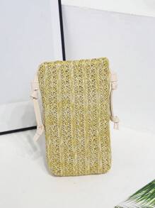Mini Straw Bag Khaki Flower Decor For Vacation Purse Wallet Pouch Shoulder Bag Cellphone Case Phone Bag Clutch - Khaki - View 2