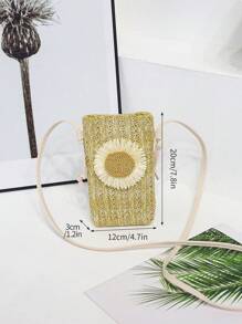 Mini Straw Bag Khaki Flower Decor For Vacation Purse Wallet Pouch Shoulder Bag Cellphone Case Phone Bag Clutch - Khaki - View 3