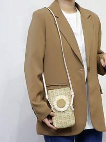 Mini Straw Bag Khaki Flower Decor For Vacation Purse Wallet Pouch Shoulder Bag Cellphone Case Phone Bag Clutch - Khaki - View 6