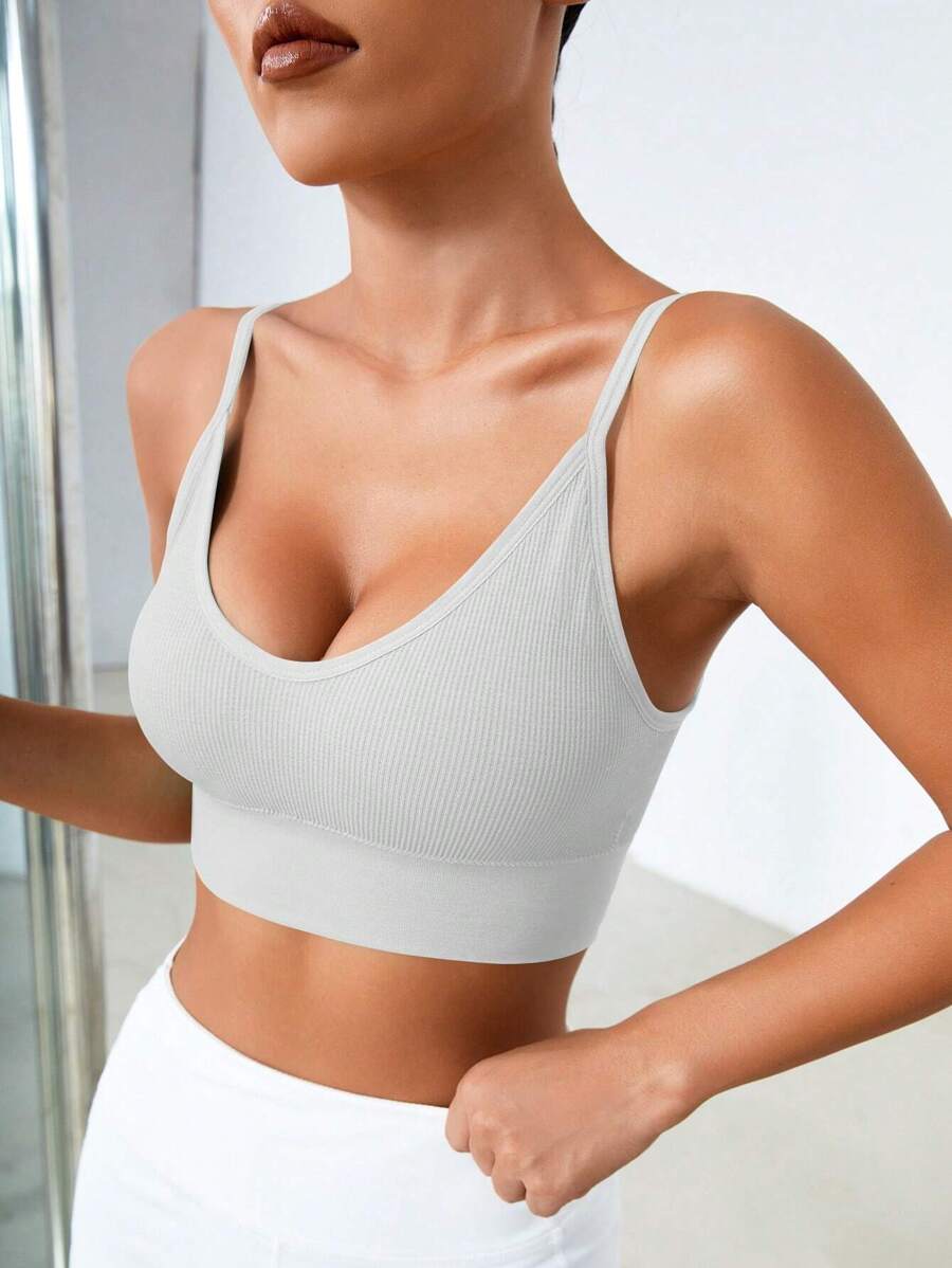 Easithlete Solid Ribbed Knit Sports Bra