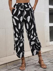 SHEIN LUNE Allover Print Knot Hem Wide Leg Trousers - Black and White - View 3